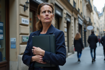 Femme d affaires anxieuse devant une banque parisienne