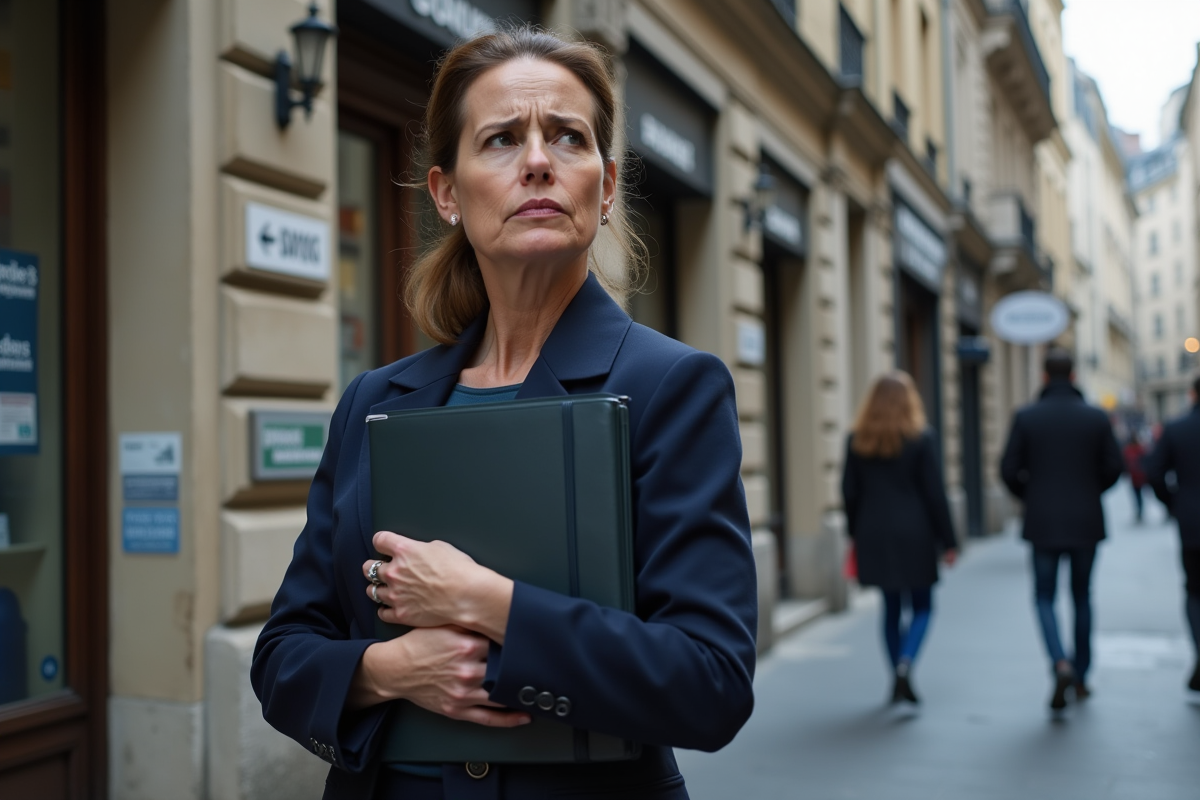 Femme d affaires anxieuse devant une banque parisienne