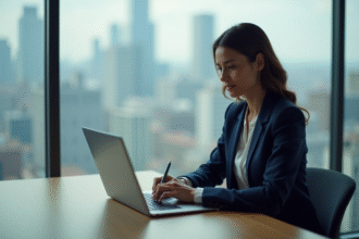 Femme d'affaires concentrée dans son bureau moderne