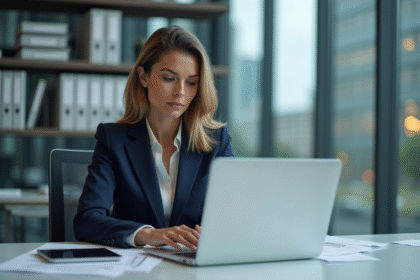 Femme d'affaires en costume navy dans un bureau moderne