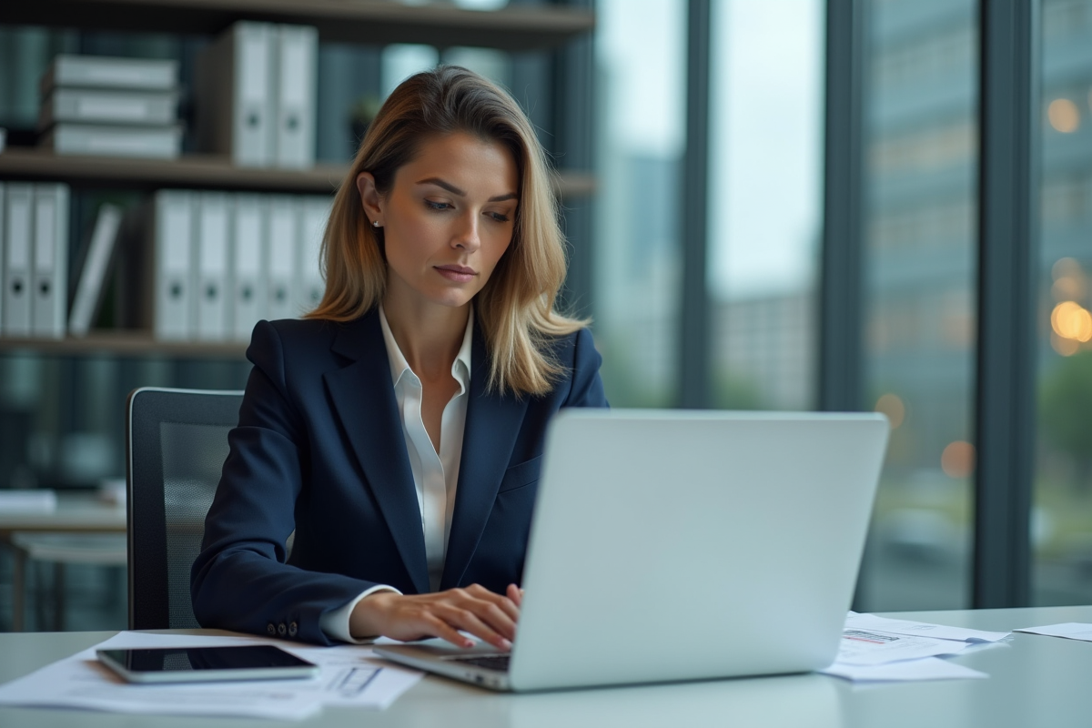Femme d'affaires en costume navy dans un bureau moderne
