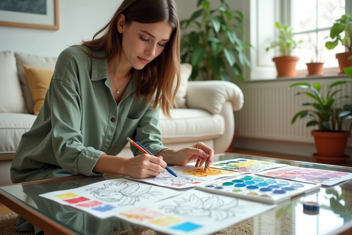 Jeune femme utilisant des aquarelles pour colorier des pages Dragon Ball avec des palettes de couleurs anime en référence