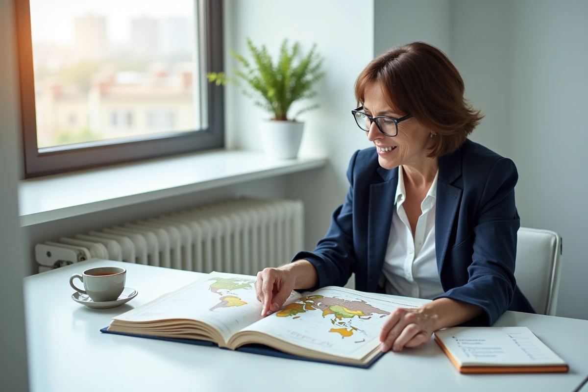 Femme consultant un atlas ouvert sur des pays commençant par F comme France et Fidji, assise à un bureau minimaliste