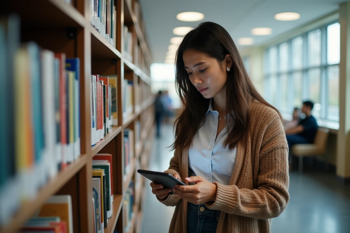 Femme lisant une tablette dans une bibliothèque publique