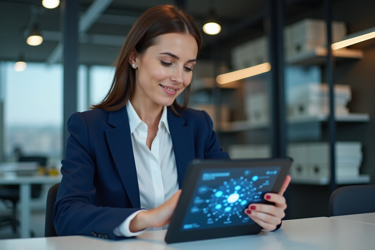 Femme en blazer bleu étudiant une tablette avec diagramme blockchain