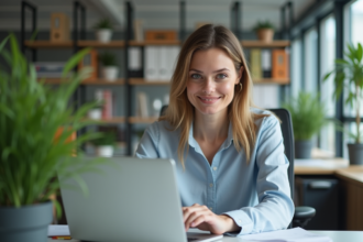 Femme en tenue de travail moderne dans un bureau lumineux