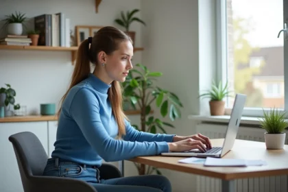 Jeune femme au bureau en train de taper un email