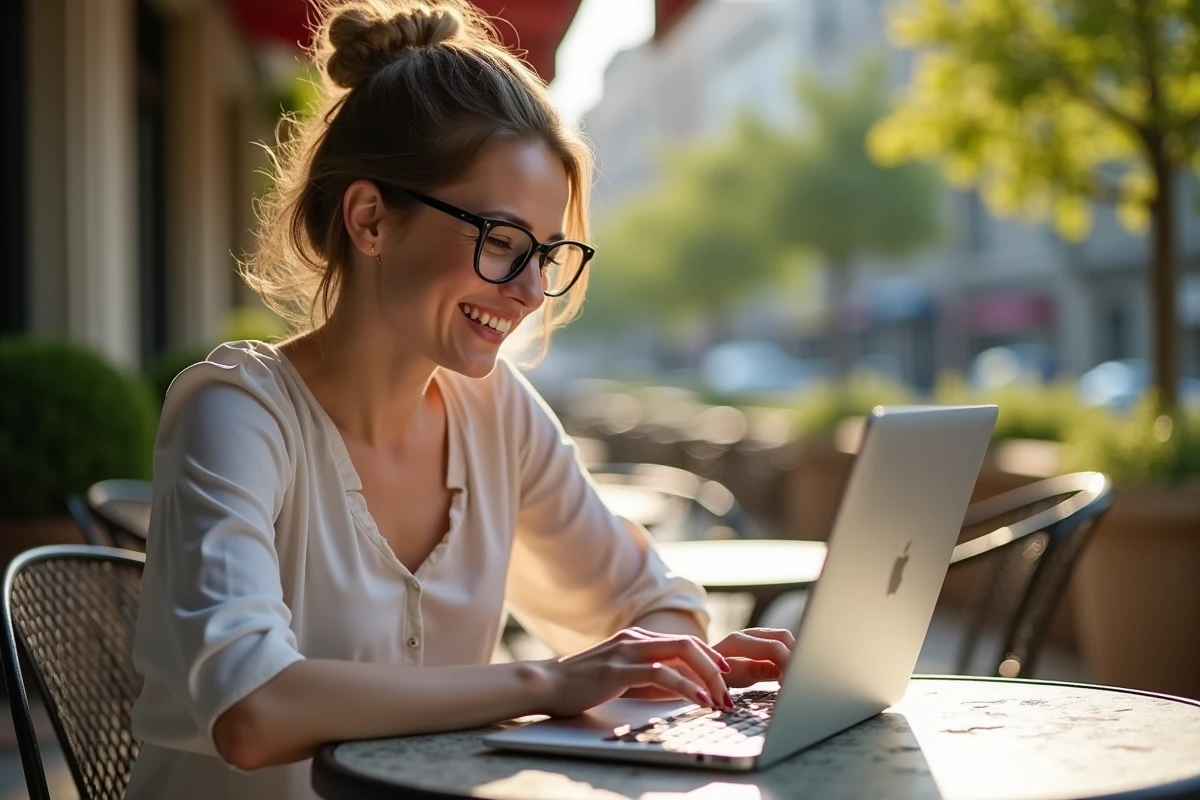 Femme souriante utilisant Monopoly GO au café