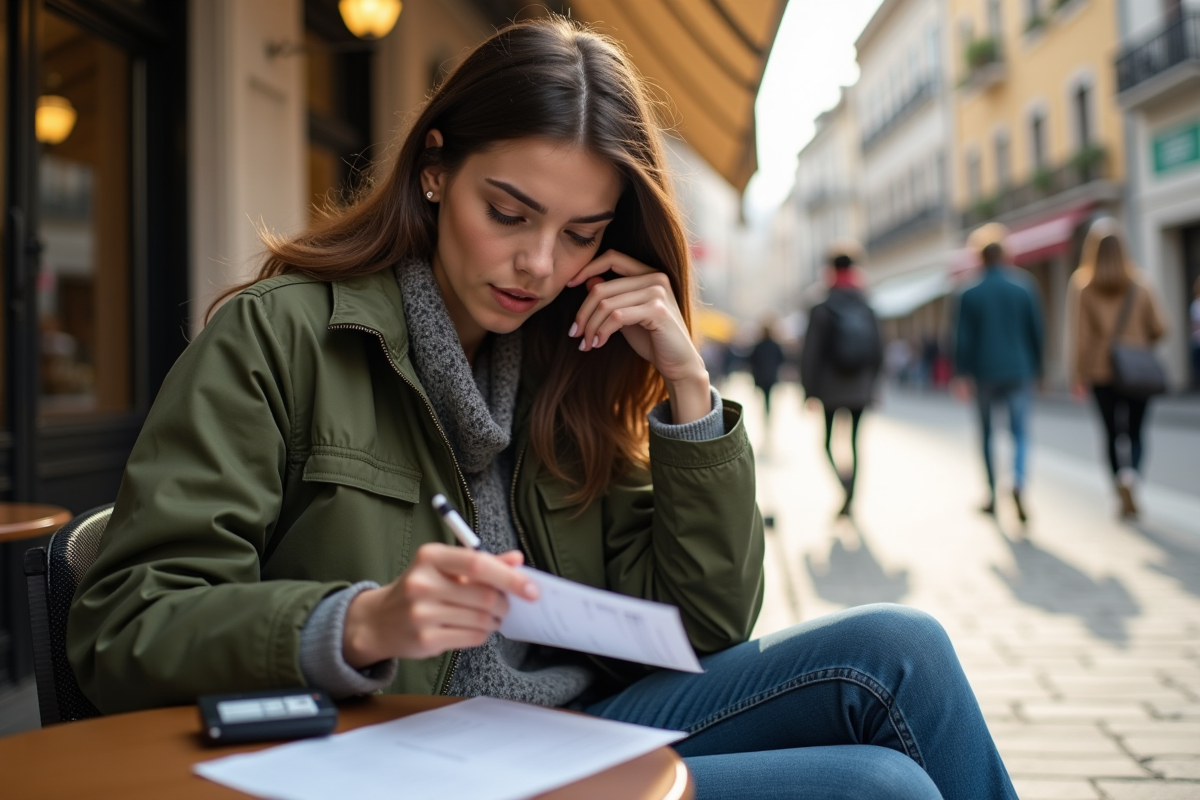 Jeune femme au café étudiant des reçus et cartouche d