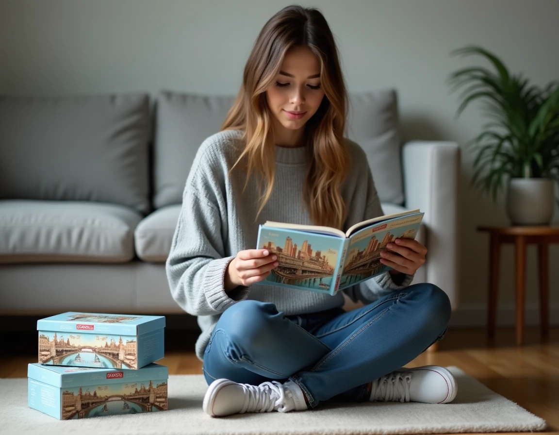 Femme lisant le dos d'une boîte de Monopoly édition région française dans son salon