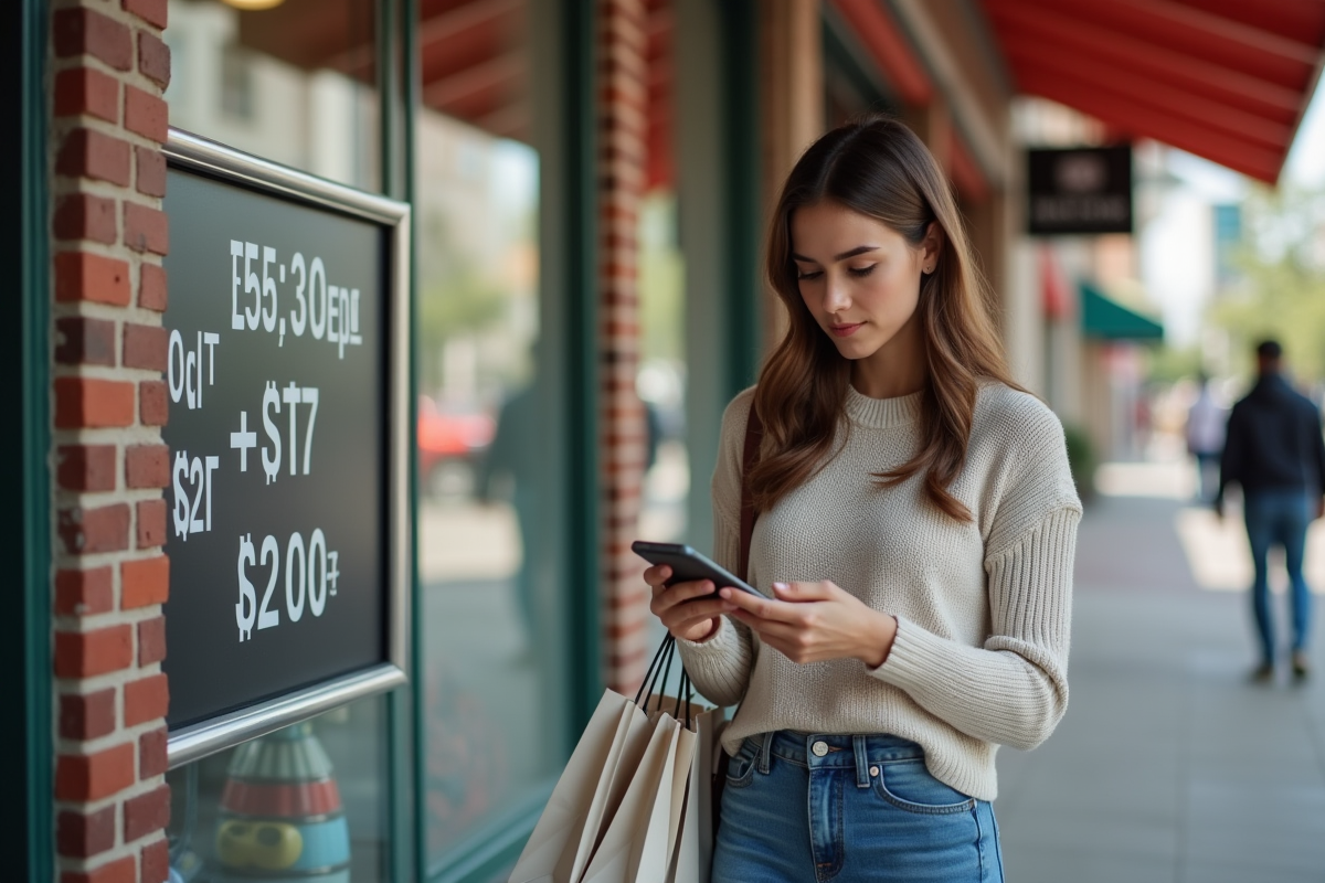 Jeune femme comparant les prix dans un supermarché
