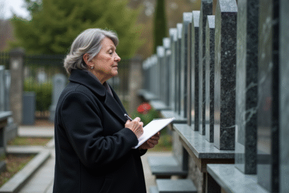 Femme réfléchissant devant des plaques de cimetiere
