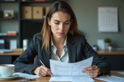 Femme en bureau examinant un contrat de travail