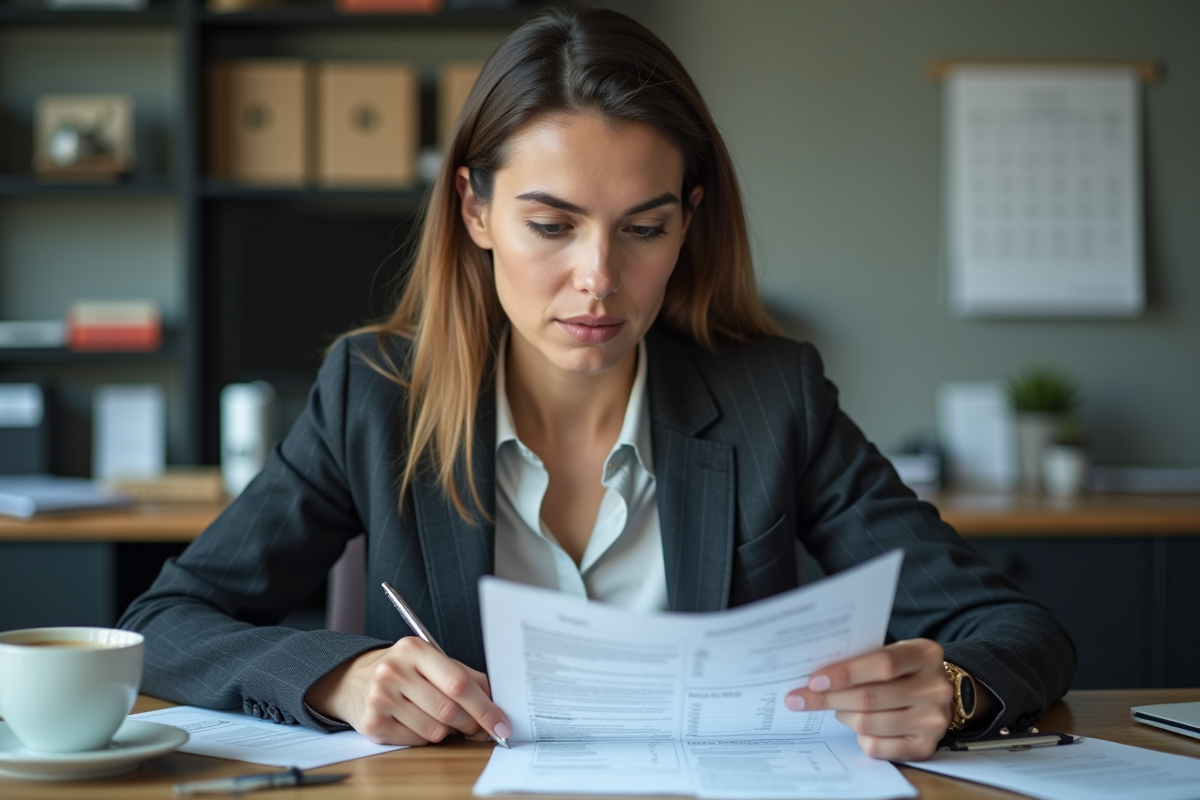 Femme en bureau examinant un contrat de travail