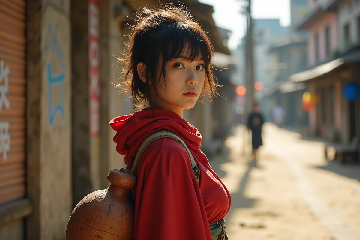 Femme cosplaye en Gaara dans une rue urbaine ensoleillee