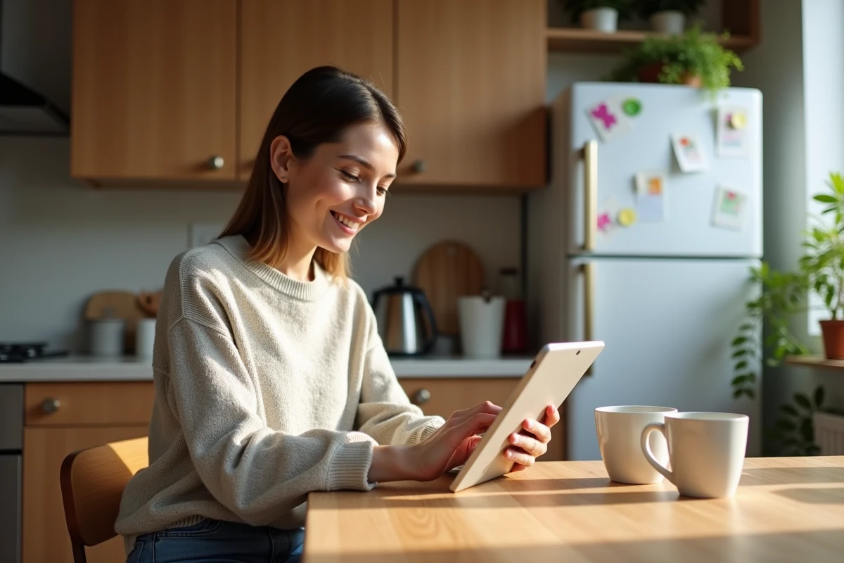 Femme détendue utilisant une tablette à la maison