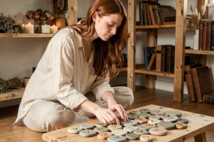 Femme débutante découvrant les runes en pierre sur une table en bois dans un espace cosy et naturel