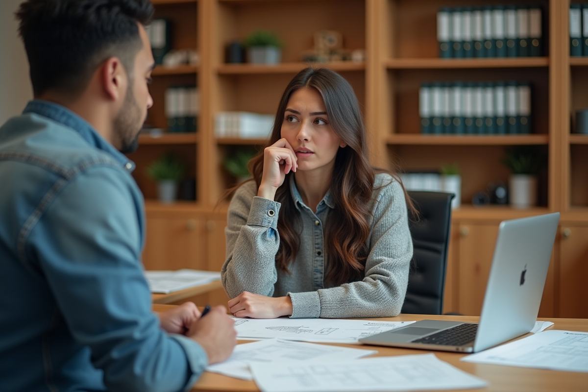 Jeune femme en jeans parle avec un officiel en bureau