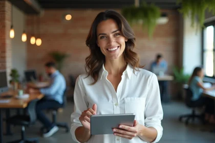 Femme entrepreneur dans un espace de co-working tenant une tablette montrant une application innovante illustrant le concept de disrupteur numérique