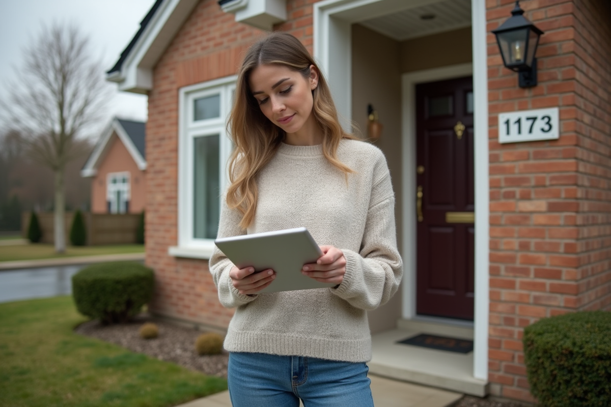 Jeune femme devant sa maison prenant des notes avec une tablette