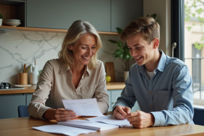 Femme française et son fils discutant de leur Livret A à la maison