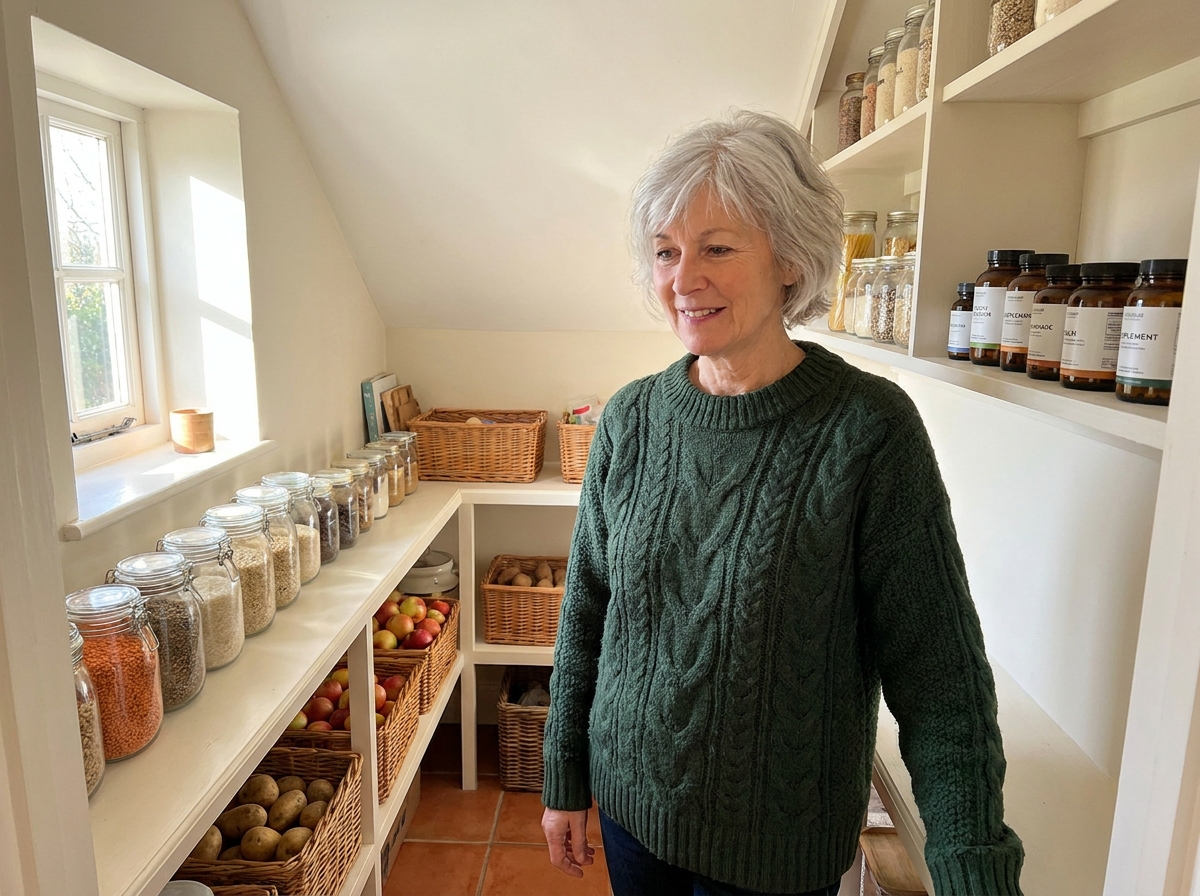 Femme mature organisant des aliments sains et des compléments naturels dans un garde-manger traditionnel