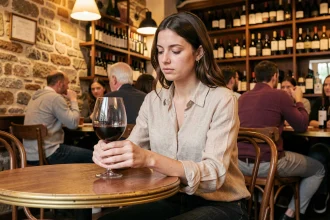 Jeune femme introvertie seule dans un bar à vin de Bordeaux, tenant un verre de rouge avec une expression pensive
