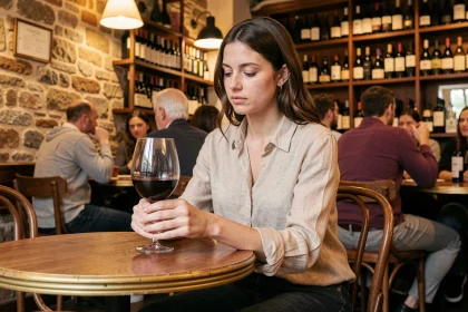 Jeune femme introvertie seule dans un bar à vin de Bordeaux, tenant un verre de rouge avec une expression pensive