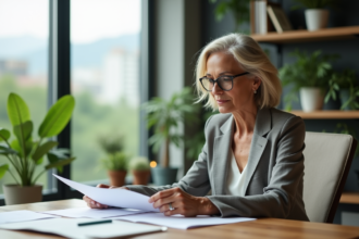 Femme d'âge moyen en costume regardant des documents d'investissement durable