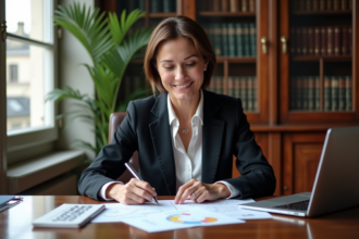 Femme d'affaires en réunion avec documents financiers