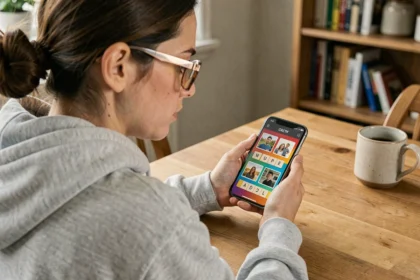 Femme jouant à 1 Mot 4 Images sur smartphone avec une grille de 9 lettres visible à l'écran