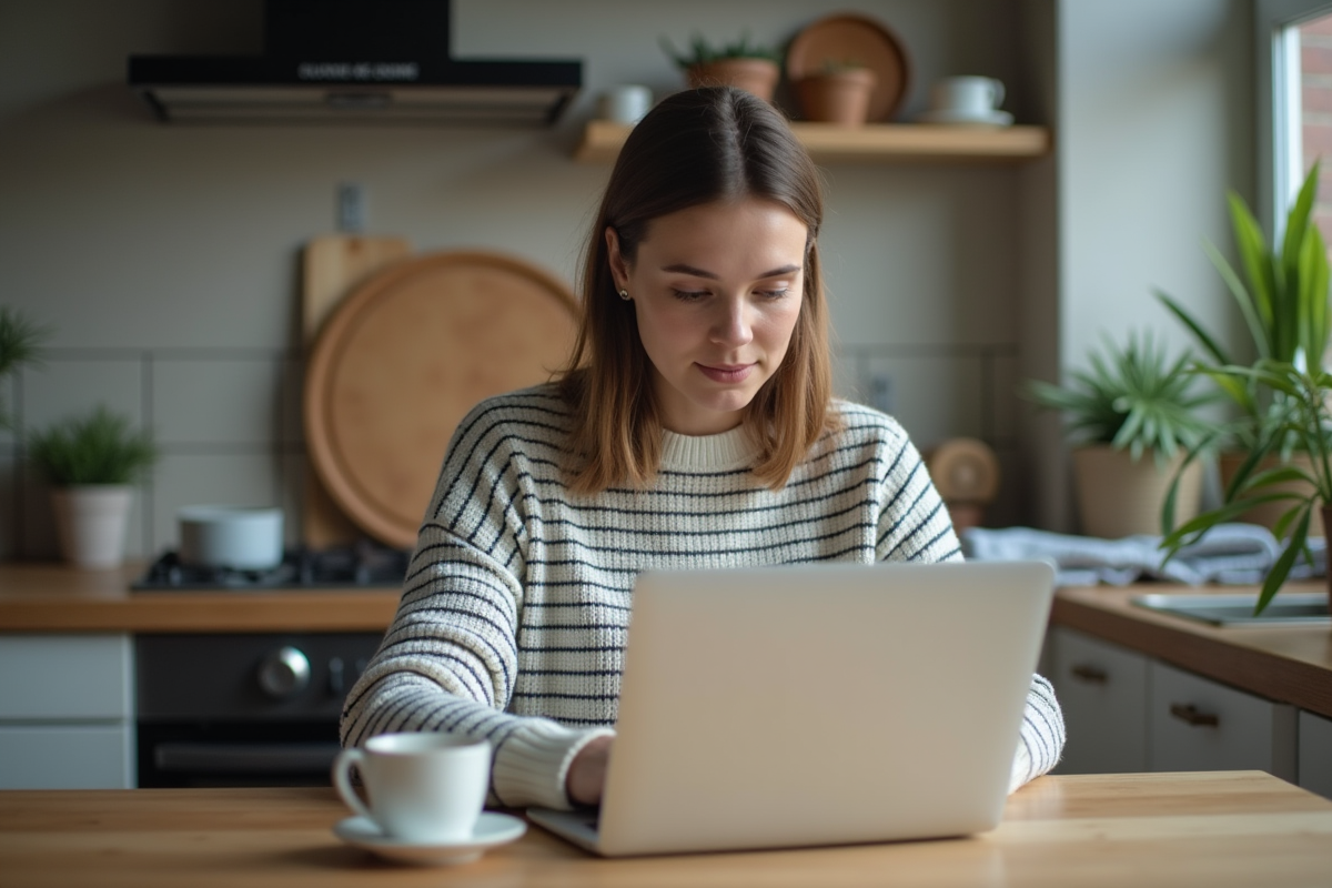 Jeune femme jouant à Google Snake sur son ordinateur dans la cuisine