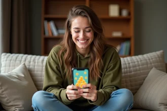Jeune femme jouant à Monopoly GO sur smartphone dans un salon, accumulant des ressources gratuites dans le jeu