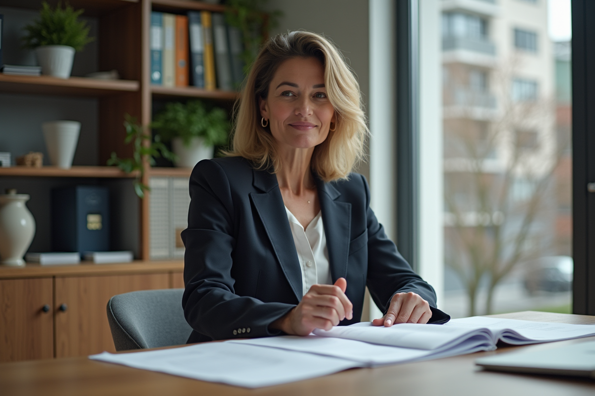 Femme d'âge moyen étudie des documents juridiques dans un bureau moderne