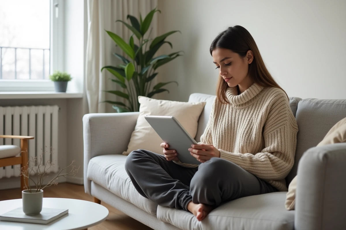 Femme adulte lisant un webtoon sur tablette confortablement installée dans un salon minimaliste