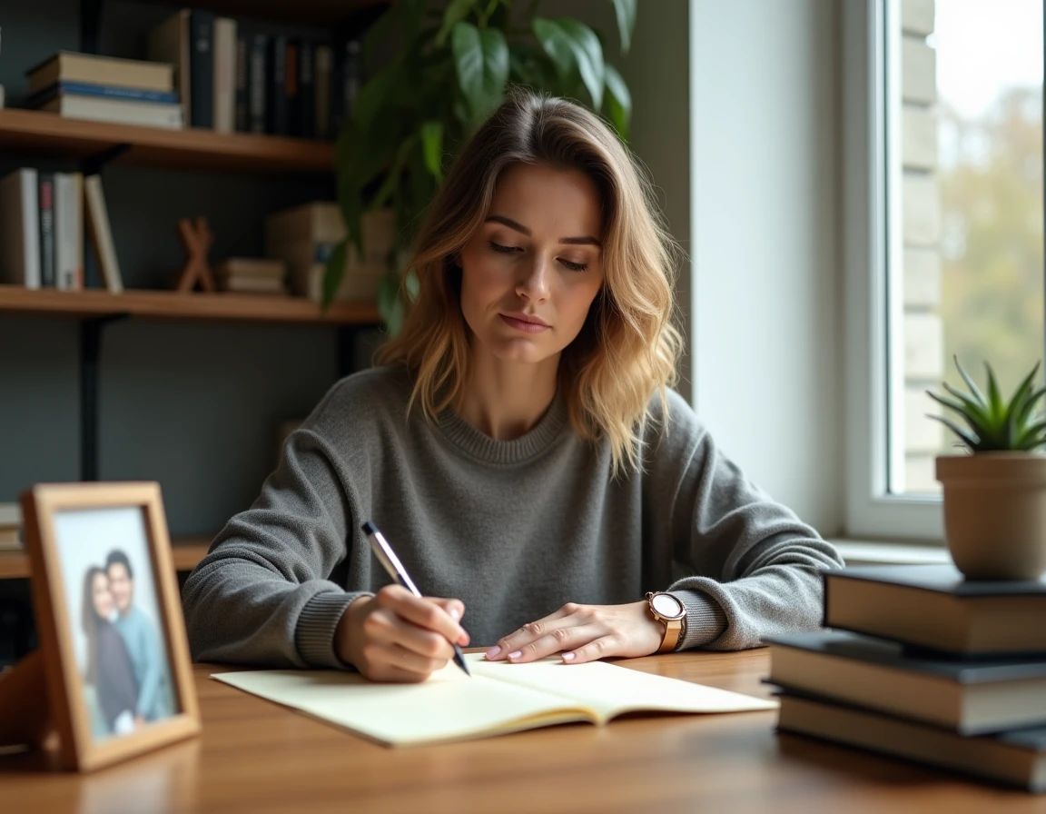 Une femme rédige une lettre manuscrite émouvante à sa meilleure amie, entourée de souvenirs personnels dans un bureau cosy