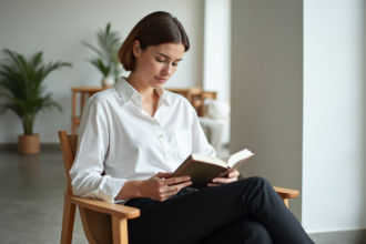 Femme lisant dans un appartement moderne lumineux