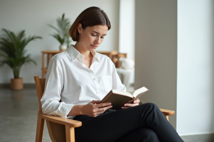 Femme lisant dans un appartement moderne lumineux