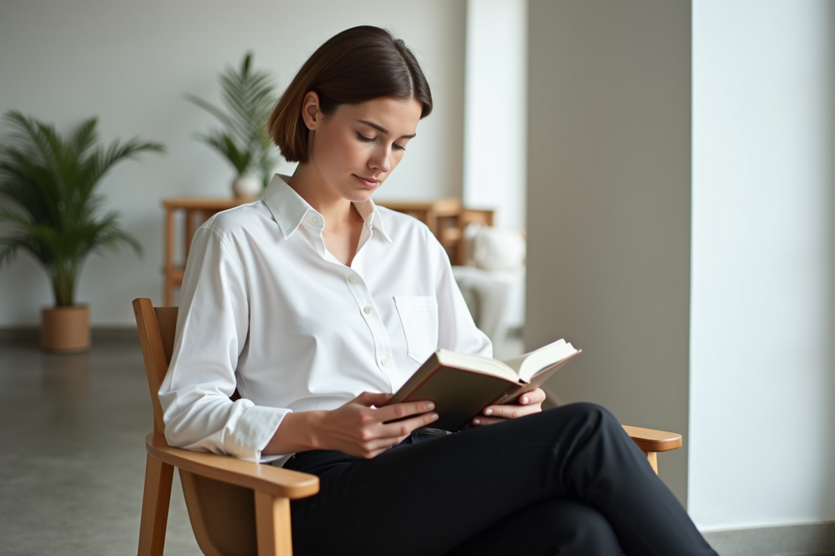 Femme lisant dans un appartement moderne lumineux