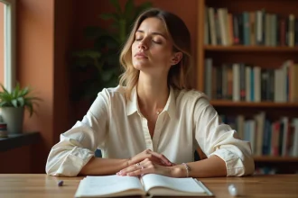 Femme méditant sur des notes manuscrites et un journal intime, symbolisant la réflexion sur la loi d'attraction et les quiz de développement personnel