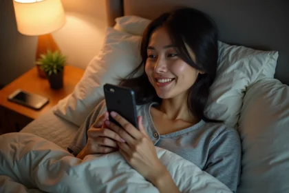 Femme qui envoie un message bonne nuit depuis son lit avec son smartphone, ambiance douce et intimiste