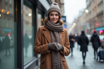 Femme élégante en hiver dans la ville avec manteau et écharpe