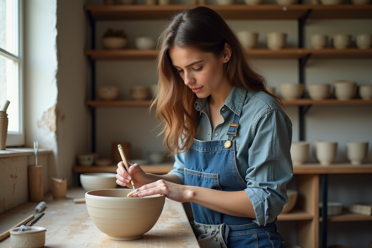 Jeune femme dessinant un motif sur un bol en céramique