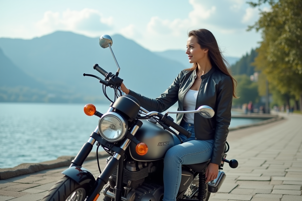 Femme détendue à côté de sa moto près du lac