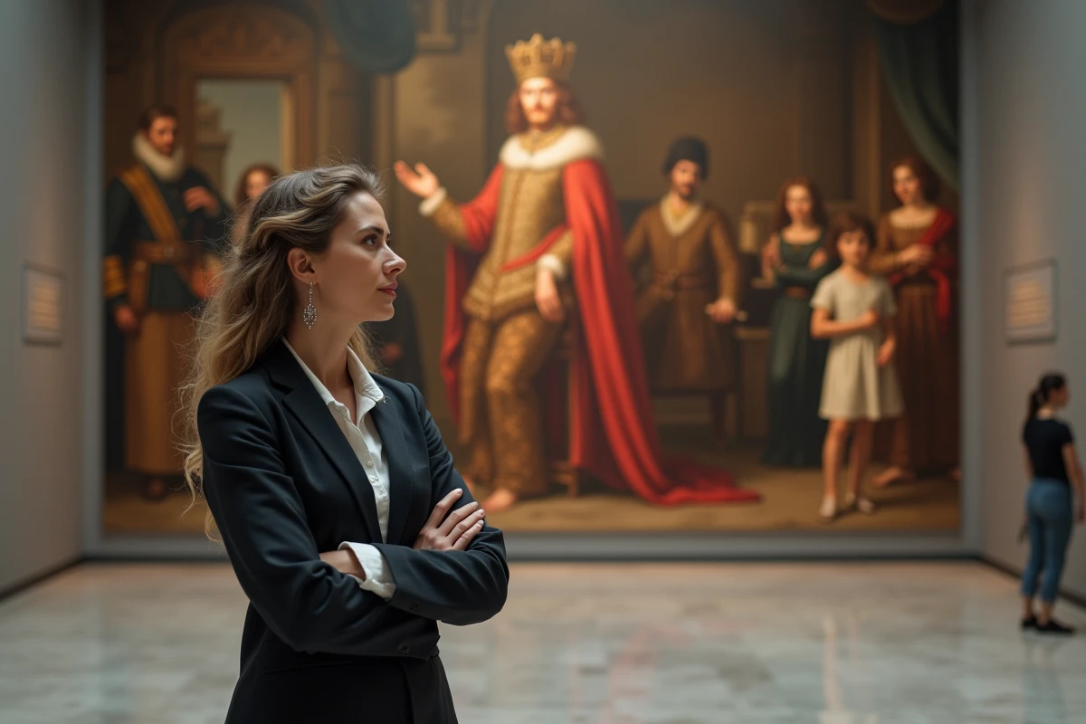 Femme contemporaine regardant un mural historique au musée