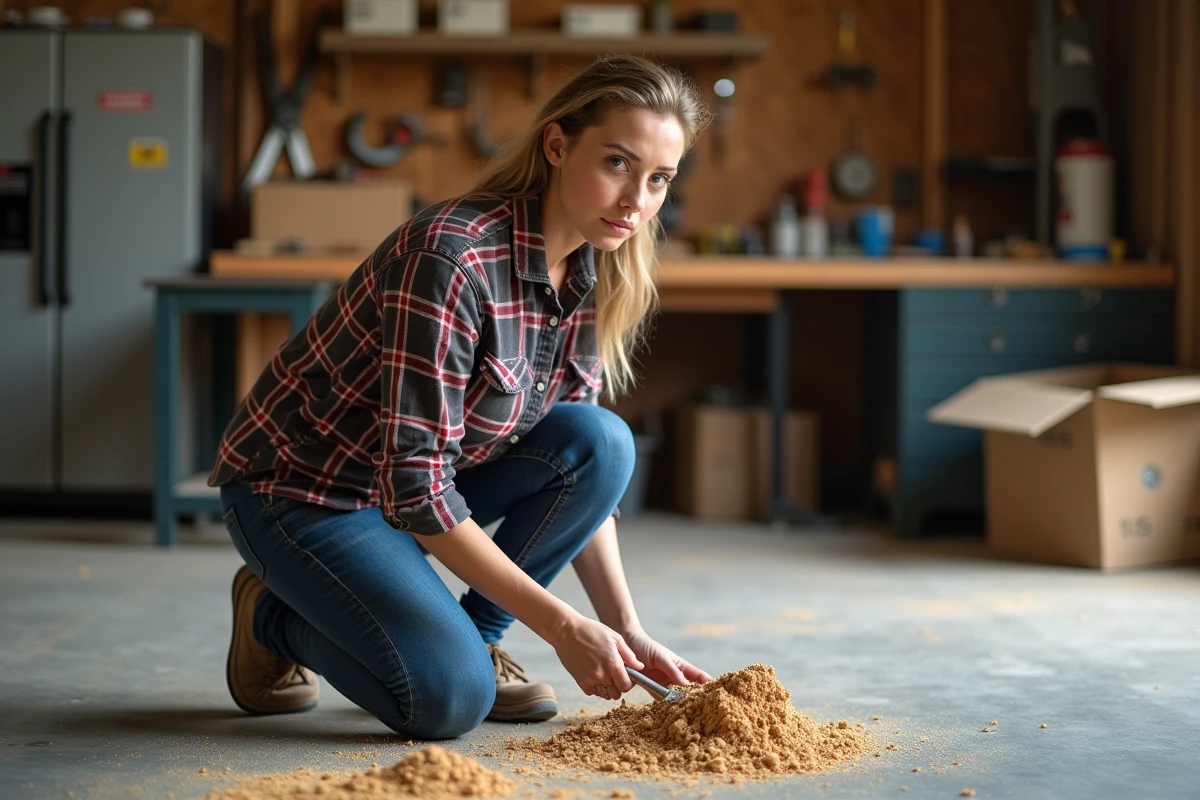 Femme nettoyant la poussière dans un atelier de bricolage