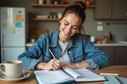 Jeune femme organisée avec un planner dans la cuisine