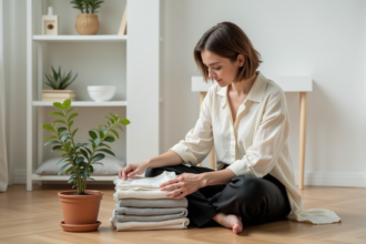 Femme organisée arrangeant des vêtements dans un intérieur minimaliste