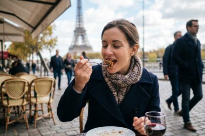 Jeune femme dégustant un plat gourmet à Paris