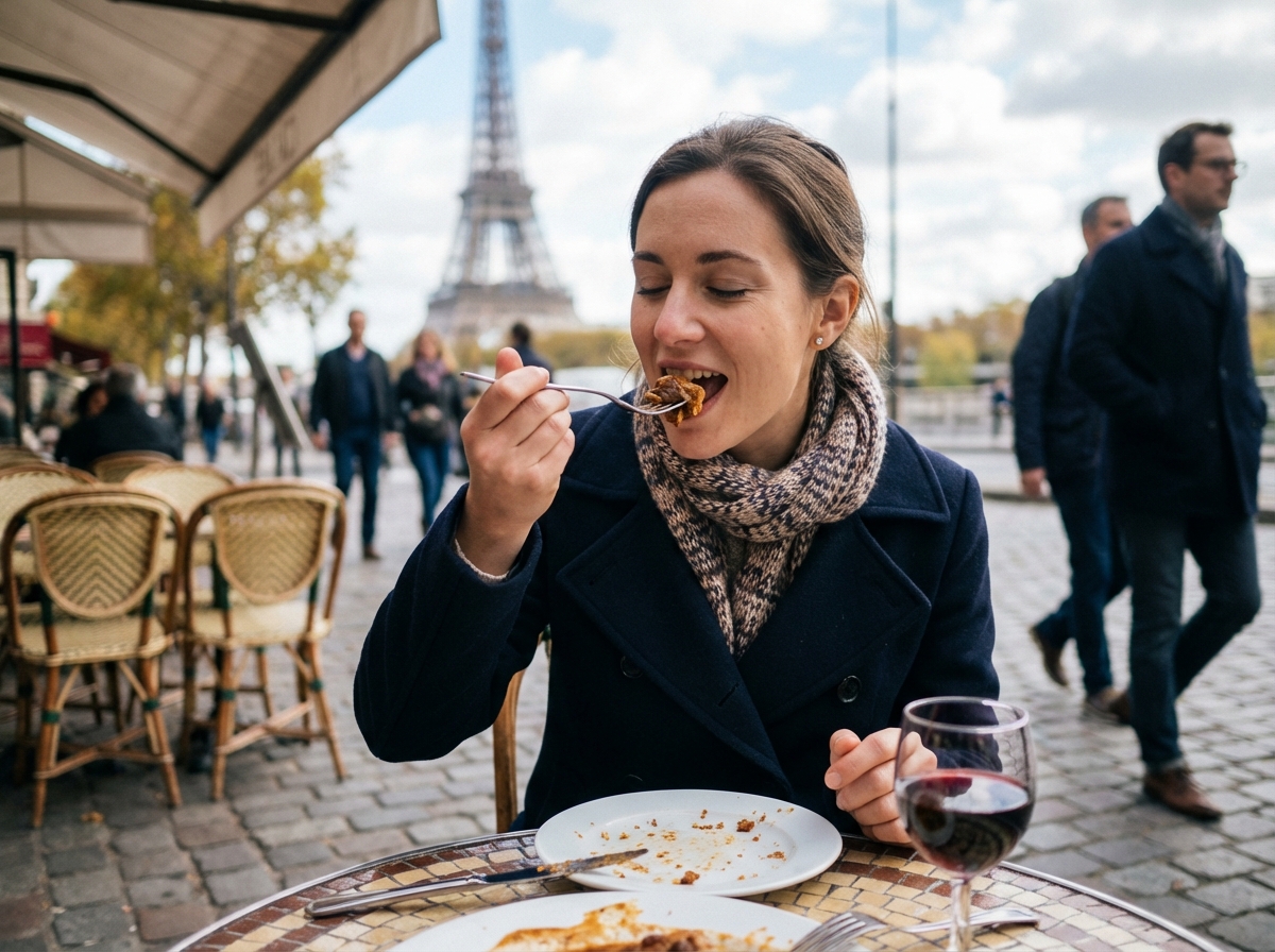 Jeune femme dégustant un plat gourmet à Paris